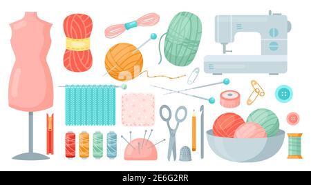 Outils de couture pour le travail des aiguilles. Dessin animé sur mesure des accessoires pour coudre et coudre collection avec tricots aiguilles ciseaux fil machine à coudre boutons Illustration de Vecteur