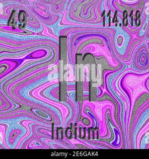 Élément chimique indium, signe avec numéro atomique et poids atomique, fond violet, élément de tableau périodique Banque D'Images