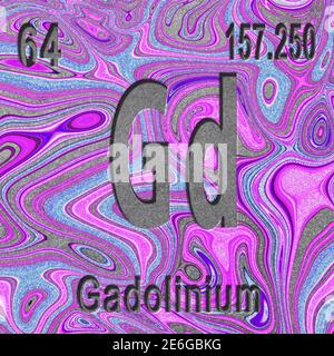 Élément chimique du gadolinium, signe avec numéro atomique et poids atomique, fond violet, élément du tableau périodique Banque D'Images