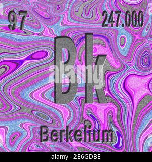 Elément chimique de Berkelium, signe avec numéro atomique et poids atomique, fond violet, élément de tableau périodique Banque D'Images