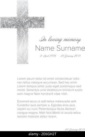 Condoléances funéraires modèle de carte d'avis de décès avec grande croix argentée fait d'éléments floraux Illustration de Vecteur