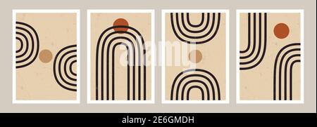 Un ensemble de quatre modèles d'imprimés artistiques avec des arcs et des cercles en marron clair, beige, crème et noir. Art imprimable de style boho, tendance et élégant br Illustration de Vecteur