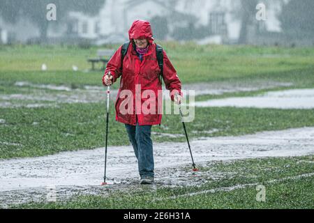 WIMBLEDON LONDRES, ROYAUME-UNI 29 JANVIER 2021. Une marchette brave la forte pluie sur un Wimbledon Common. Le bureau met a émis des avertissements météorologiques pour les dépors dans les prochains jours et la neige dans les parties nord du Royaume-Uni. Credit: amer ghazzal / Alamy Live News Banque D'Images