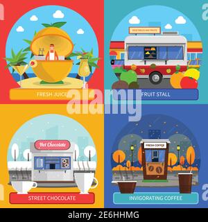 Les icônes de Street Food concept se trouvent dans une cabine de jus de fruits frais et illustration vectorielle isolée plate des symboles chocolat de rue Illustration de Vecteur