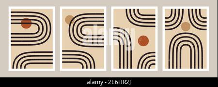 Un ensemble de quatre modèles d'imprimés artistiques avec des arcs et des cercles en marron clair, beige, crème et noir. Art imprimable de style boho, tendance et élégant br Illustration de Vecteur