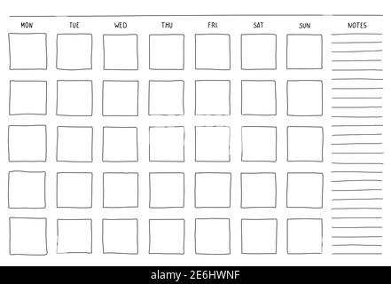 Modèle de planification mensuelle vierge avec place pour les notes. Dessin à la main Doodle Illustration vectorielle simple ligne noire Illustration de Vecteur