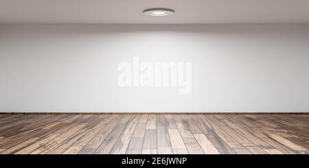 Pièce blanche vide avec parquet 3d rendu illustration avec illustration du rendu 3d de la lumière vive du plafond Banque D'Images