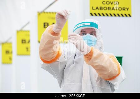 Un technicien de laboratoire avec un écouvillon dans l'installation de test de RocDoc dans le parc automobile bleu de l'aéroport de Dublin pour les transporteurs à destination de la France. La société a annoncé des services supplémentaires de test de passage de véhicules aux aéroports de Cork et Shannon pour les transporteurs arrivant en voiture. Banque D'Images