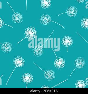 Ligne d'encre griffée fleurs et tiges abstraites. Fond de motif vectoriel blanc et bleu aqua sans couture. Toile de fond avec style de dessin enfant Illustration de Vecteur