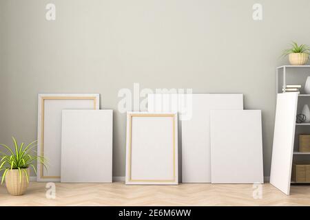 Le studio de l'artiste avec des artistes blancs canvases penchées contre le mur et une étagère. rendu 3d Banque D'Images