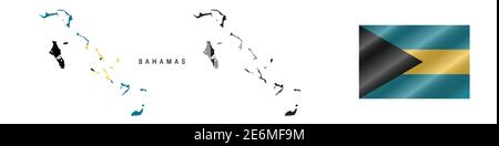 Bahamas. Carte avec indicateur masqué. Silhouette détaillée. Drapeau de l'ondulation. Illustration vectorielle isolée sur blanc. Illustration de Vecteur