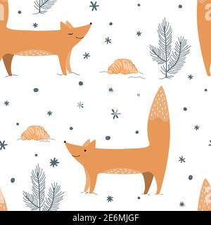 Des renards mignons, une forêt d'hiver et des croissants. Texture répétée confortable, imprimé puéril pour le tissu et le papier d'emballage pour enfants. Motif vectoriel sans couture avec Joker Illustration de Vecteur