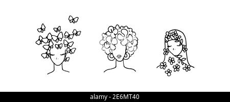 Femmes modernes dessinées à la main visages de différentes nationalités. Illustration vectorielle. Illustration de Vecteur