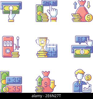Jeux d'icônes de couleur RVB pour Paris sportifs. Réception du paiement. Bonus d'inscription. Faire des Paris d'argent sur le sport. Jeu virtuel. Mode de paiement. Propagation de points. E Illustration de Vecteur