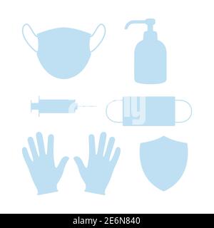 Ensemble d'icônes d'équipement de protection individuelle. Collection de symboles médicaux. Éléments de prévention du coronavirus. Illustration de Vecteur