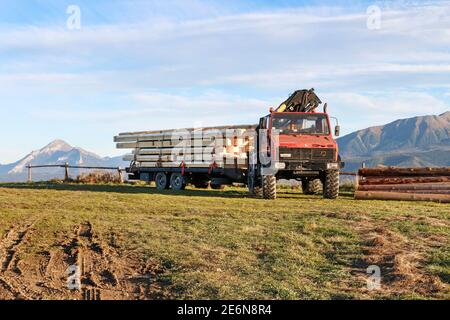 Un camion polyvalent utilisé pour transporter le bois dans les montagnes, Zakopane, Pologne. Banque D'Images