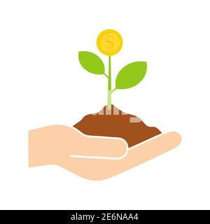 Plante icône de pièce de monnaie. Homme d'affaires tenant une usine verte en main. Concept d'arbre monétaire. Illustration de vecteur de vie riche isolée sur blanc Illustration de Vecteur