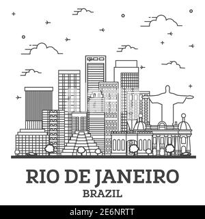 Contours Rio de Janeiro Brésil sur les toits de la ville avec des immeubles modernes isolé sur blanc. Vector Illustration. Rio de Janeiro Vue urbaine avec des points de repère. Illustration de Vecteur