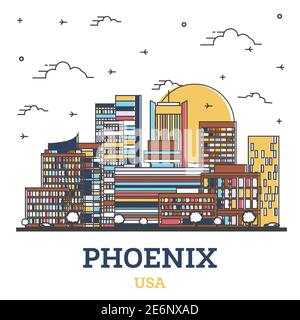 Frontières Phoenix Arizona USA City Skyline avec des bâtiments modernes colorés isolés sur blanc. Illustration vectorielle. Phoenix USA Cityscape avec des sites touristiques. Illustration de Vecteur