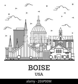 Contours Boise IDAHO City Skyline avec les bâtiments modernes isolé sur blanc. Vector Illustration. Boise USA Cityscape avec repères. Illustration de Vecteur