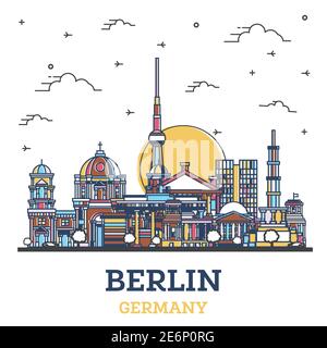 Contour Berlin Allemagne Skyline avec des bâtiments historiques colorés isolés sur blanc. Illustration vectorielle. Berlin CityScape avec des monuments. Illustration de Vecteur