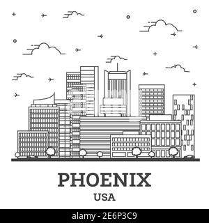 Frontières Phoenix Arizona USA City Skyline avec bâtiments modernes isolés sur blanc. Illustration vectorielle. Phoenix USA Cityscape avec des sites touristiques. Illustration de Vecteur