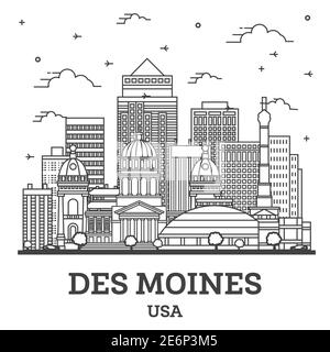 Contours Des Moines (Iowa) sur les toits de la ville avec des immeubles modernes isolé sur blanc. Vector Illustration. Des Moines USA Cityscape avec repères. Illustration de Vecteur