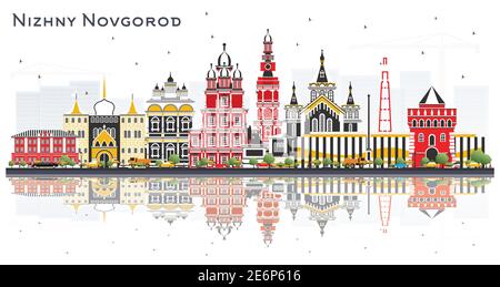 Nijni Novgorod Russia City Skyline avec des bâtiments de couleur et des réflexions isolés sur fond blanc. Illustration vectorielle. Architecture historique. Illustration de Vecteur