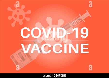 Vaccin Wars- flacon de vaccin COVID-19 sur fond orange avec logo du virus. Illustration de Vecteur