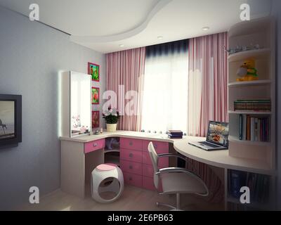 illustration 3d concept de design intérieur d'une chambre d'enfant pour une fille Banque D'Images