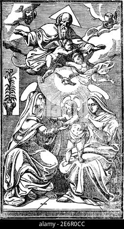 Bébé Jésus Christ avec Anna la prophétesse et la Vierge Marie, Seigneur ou dieu avec des anges ou des chérubins sur le ciel au-dessus.Antique vintage christian gravure religieuse ou illustration de dessin. Illustration de Vecteur