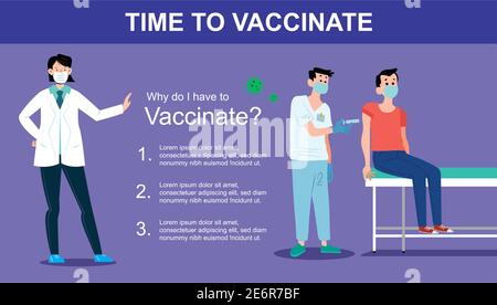 Le temps de vacciner. Virus Corona, concept de sensibilisation à la vaccination Covid-19. Illustration de style plat. Illustration de Vecteur