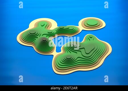 Modèle de découpe de papier superposé imitant un paysage insulaire tropical avec des lignes de contour. arrière-plan abstrait rendu 3d. Banque D'Images