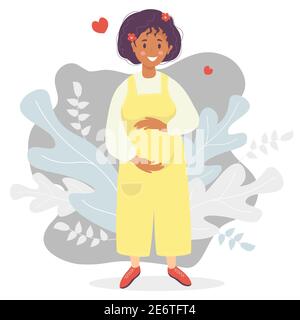 Maternité. Bonne femme enceinte à la peau foncée dans des combinaisons de pantalon jaunes qui épouse le ventre avec ses mains. Vecteur. Motifs plats sur décoration Illustration de Vecteur