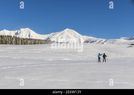 France, Puy de Dome, Chastreix, randonnée en raquettes dans la vallée de la Fontaine Salée, Parc naturel régional des Volcans d'Auvergne (Parc naturel régional des Volcans d'Auvergne), massif du Sancy, Réserve naturelle de Chastreix Sancy Banque D'Images