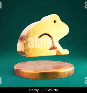 Icône grenouille. Symbole Fortuna Gold Frog sur podium doré. Banque D'Images