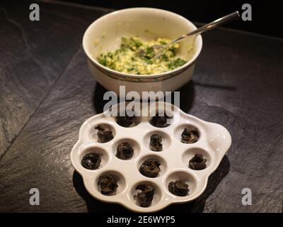 Une douzaine d'escargots sur une assiette blanche avec préparation de beurre d'escargot. Vue en perspective. Banque D'Images