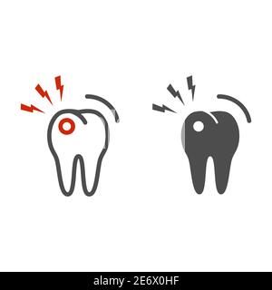 Ligne de cure-dents et icône solide, concept de soins dentaires, pied avec signe de foudre sur fond blanc, icône de mal de dents dans le style de contour pour le concept mobile Illustration de Vecteur