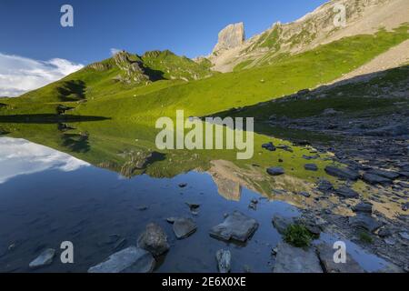 France, Savoie, massif de Beaufortain, Lac d'Amour (2250m) et Pierra Menta Banque D'Images