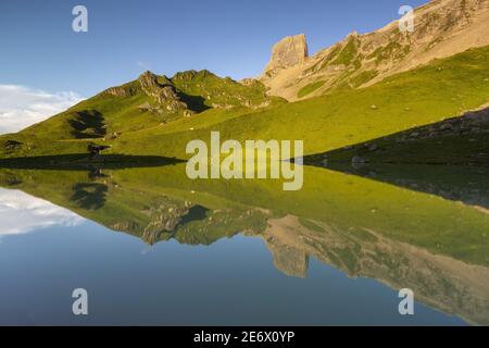 France, Savoie, massif de Beaufortain, Lac d'Amour (2250m) et Pierra Menta Banque D'Images