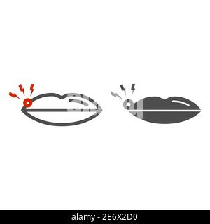 Lèvres avec ligne d'herpès et icône solide, concept de santé, bouche signe de plaies sur fond blanc, icône de lèvres endolories dans le style de contour pour le concept mobile et Illustration de Vecteur