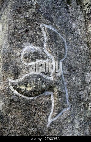 France, Bas Rhin, Dambach la ville, au pied du château Bernstein du XIIe siècle, roche de granit, sculptures Banque D'Images