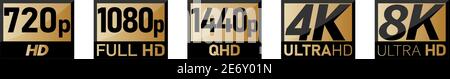 Icônes de résolution vidéo ou d'écran, chiffres noirs avec texte HD, QHD, ULTRA HD dans un rectangle doré Illustration de Vecteur