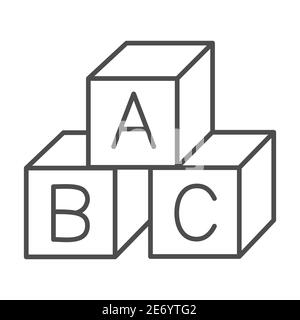 Enfants cubes icône de ligne mince, concept d'éducation, jouets cubes avec lettres signe sur fond blanc, blocs d'alphabet avec A, B, C lettres icône dans le contour Illustration de Vecteur