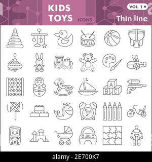 Jeu d'icônes de jouets pour enfants, collection de symboles de jouets pour enfants ou croquis. Affiches de style linéaire de jouet pour bébé pour le Web et l'application. Graphiques vectoriels isolés sur Illustration de Vecteur