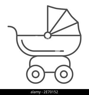 Pram pour poupées icône de ligne mince, concept de jouets pour enfants, signe de chariot de bébé de jouet sur fond blanc, icône de poussette de poupée de bébé dans le style de contour pour mobile Illustration de Vecteur