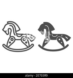 Ligne de jouet de cheval et icône solide, concept de jouets d'enfants, chaise en bois bascule cheval signe sur fond blanc, icône de jouet de cheval de bébé dans le style de contour pour mobile Illustration de Vecteur