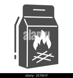 Briquettes de charbon icône solide, concept pique-nique, panneau de sac de papier de charbon sur fond blanc, emballage de charbon pour le grill et icône de barbecue dans le style glyphe Illustration de Vecteur