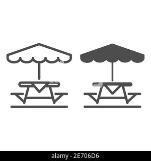 Table et banc de camping avec ligne de parapluie et icône solide, concept de pique-nique, panneau extérieur de table et de banc sur fond blanc, table extérieure avec Illustration de Vecteur