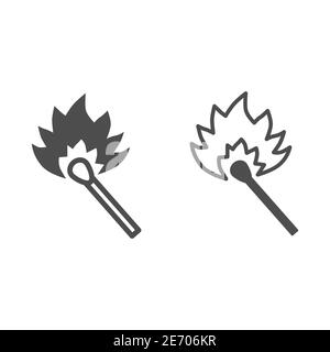 Ligne de match brûlante et icône solide, concept pique-nique, allumette avec signe de flamme sur fond blanc, allumette de feu pour icône de feu de joie dans le style de contour pour Illustration de Vecteur
